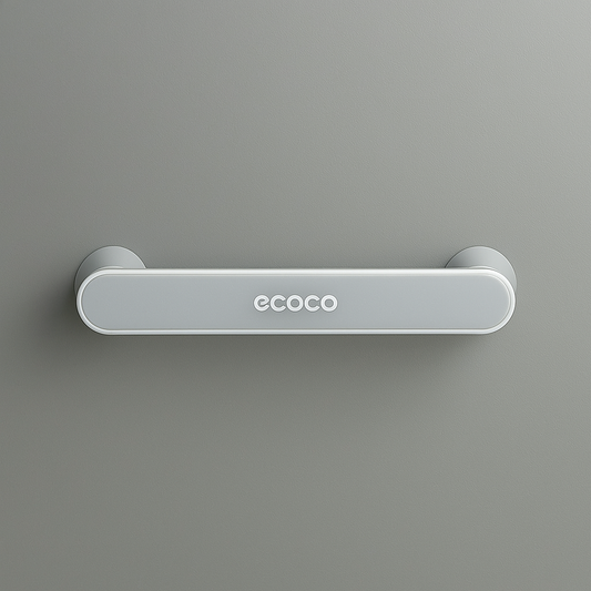 A black wall-mounted rack organizer with the brand 'ECOCO' displayed on the top, hosting a white towel and a cloth with a cartoon design.
