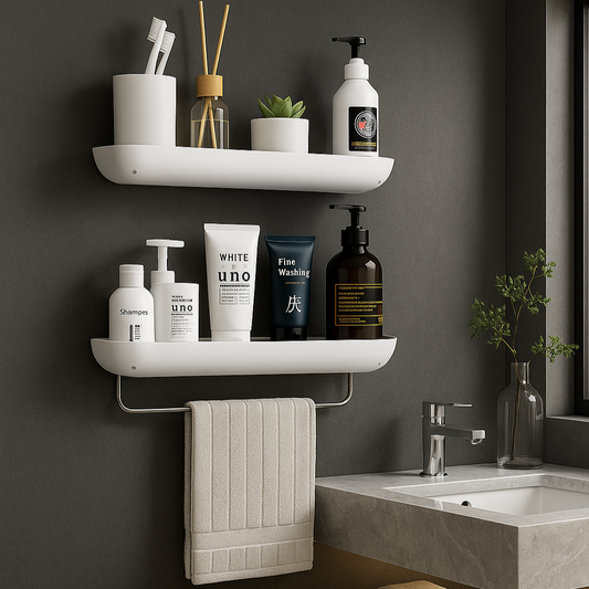 Bathroom setup with shelves, sink, and various toiletries against a dark wall.