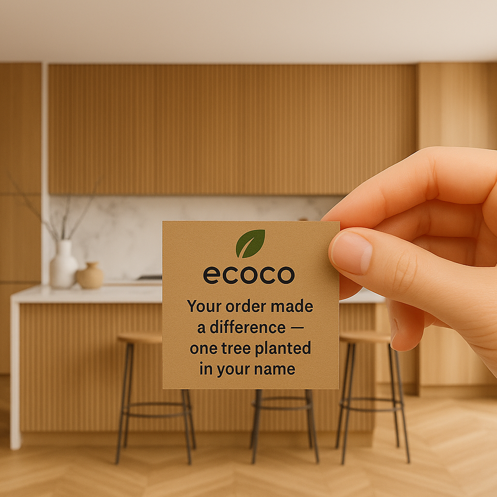 Hand holding a card with 'ecoco' branding and message reading "your order made a difference "one tree planted in your name" in a kitchen setting