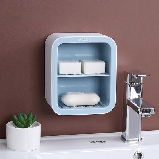 Compact Ecoco wall-mounted storage box with two tiers, perfect for organizing soaps and small items in bathrooms.