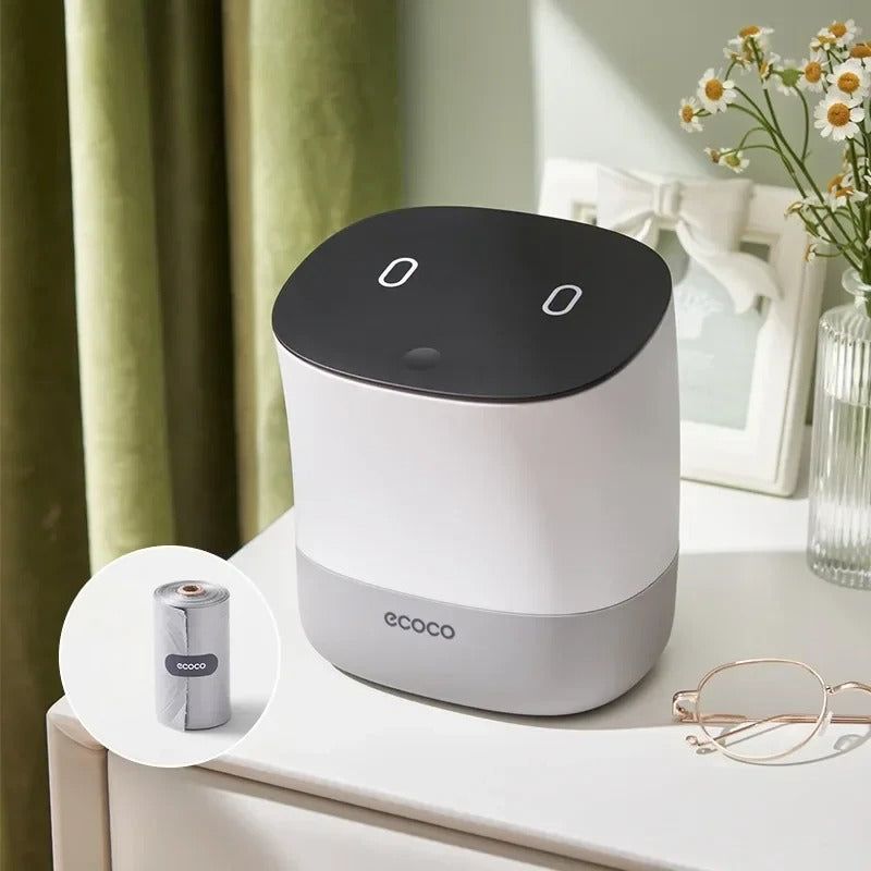 Aesthetic and practical mini bin with a hidden compartment for storing extra trash bags.