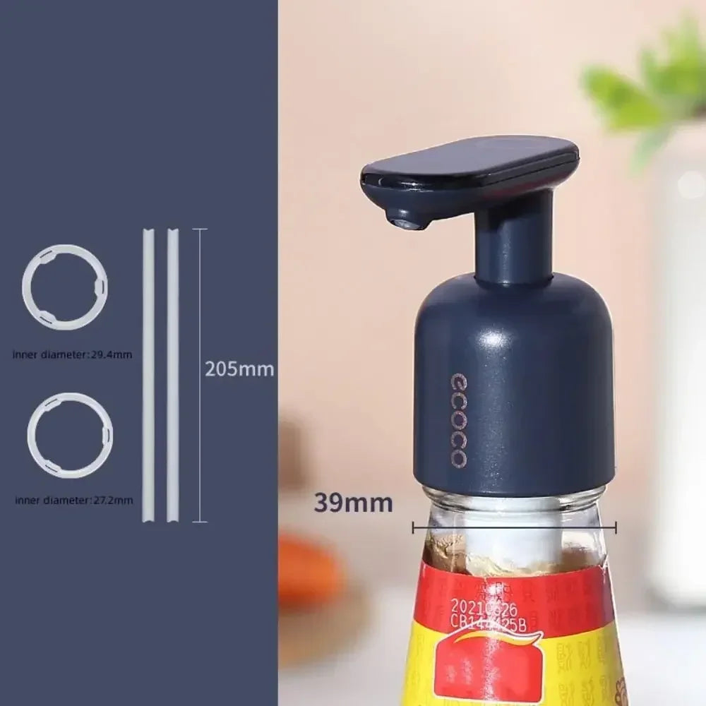 Touch-sensitive, no-spill sauce dispenser for easy use in the kitchen. Ensures controlled pouring for soy sauce, vinegar, and other liquid condiments.
