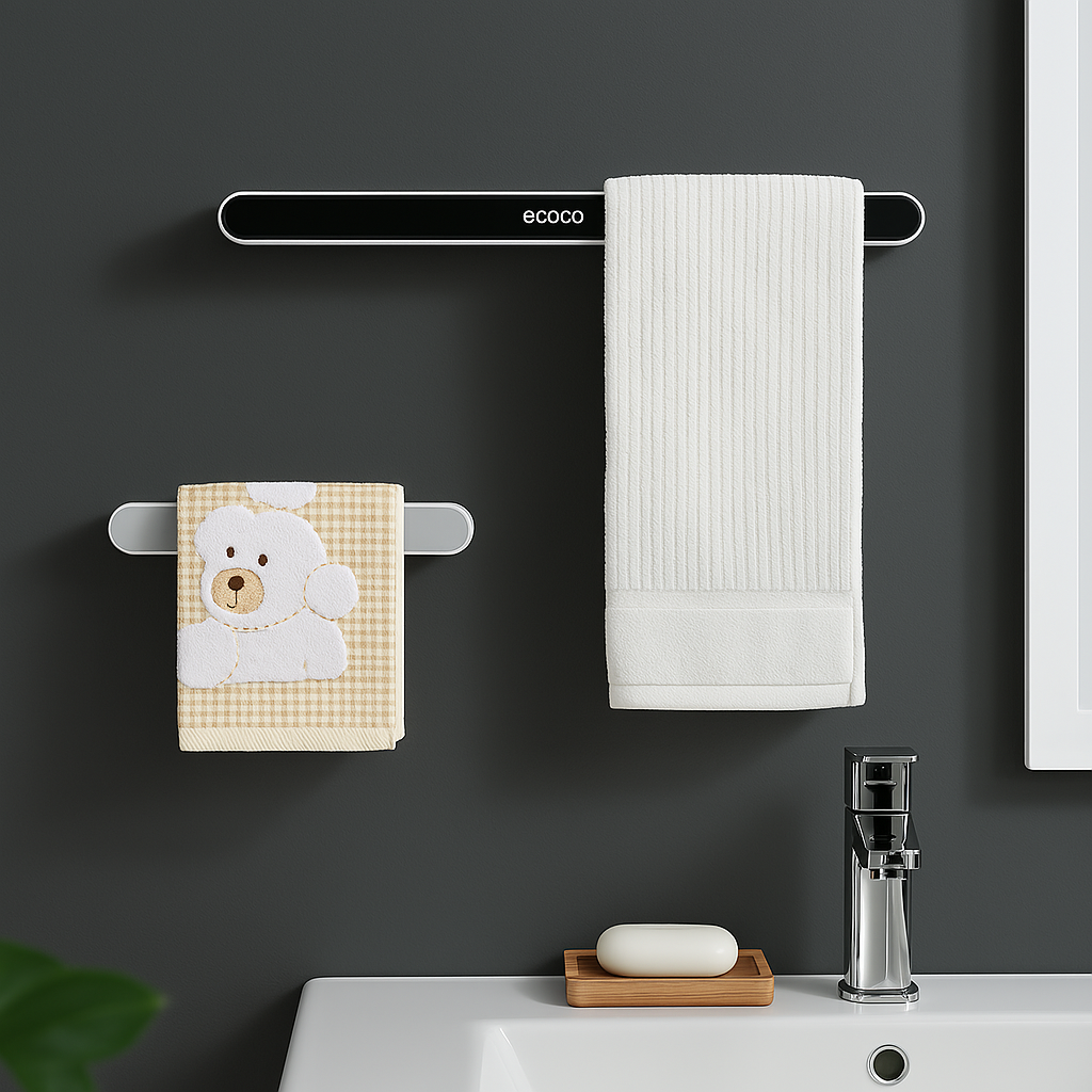 A black wall-mounted rack organizer with the brand 'ECOCO' displayed on the top, hosting a white towel and a cloth with a cartoon design.