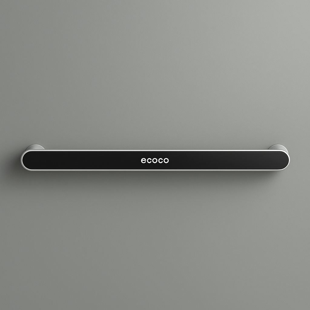 A black wall-mounted rack organizer with the brand 'ECOCO' displayed on the top, hosting a white towel and a cloth with a cartoon design.