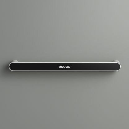 A black wall-mounted rack organizer with the brand 'ECOCO' displayed on the top, hosting a white towel and a cloth with a cartoon design.