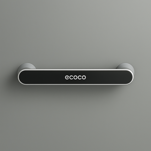 A black wall-mounted rack organizer with the brand 'ECOCO' displayed on the top, hosting a white towel and a cloth with a cartoon design.
