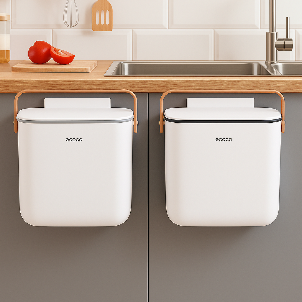 Two white compact trash bins (grey and black outline) with rolling lids, mounted on a wall above a gray countertop, with a sink and red peppers in the background.