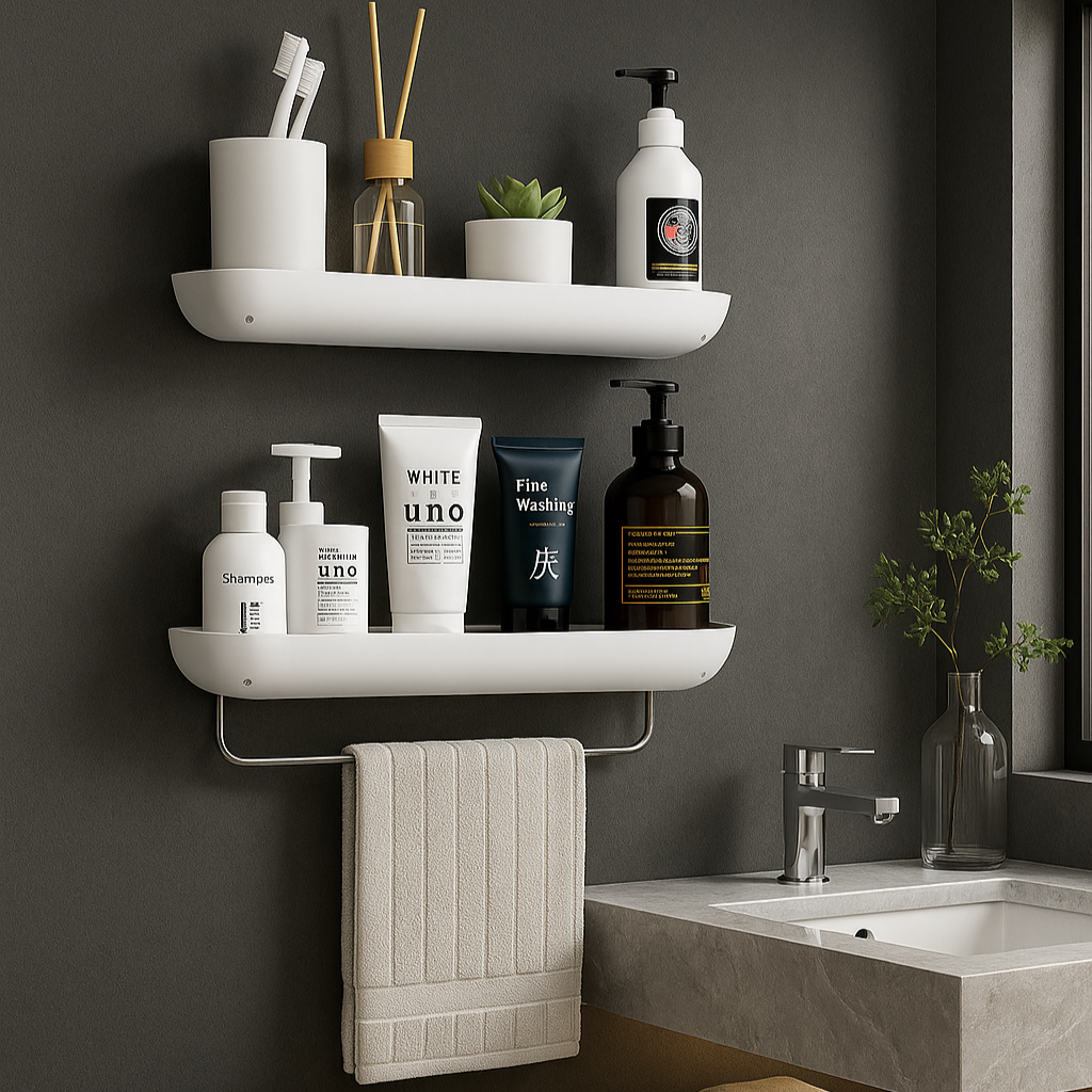 Bathroom setup with shelves, sink, and various toiletries against a dark wall.